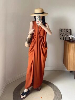 Sleeveless Draped Maxi Dress in Rich Rust (Pumpkin) NWT